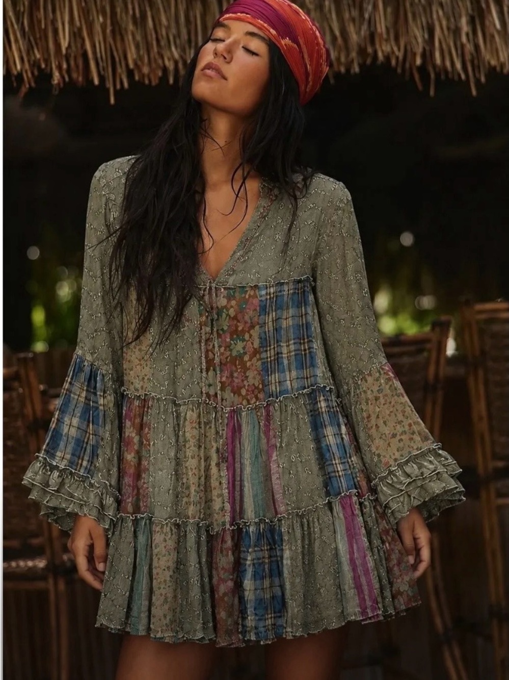 EUC❤️Young Threads❤️ Gravel Patchwork Boho Tunic Top Sz:M